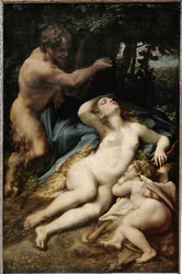 Jupiter a Antiope (nebo Venuše s amorem a satyrem) (olej na plátně
