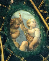 Vejčitý s cherubíny, freska od Antonia Allegri Da Correggia (1489-1534) Pokoj abatyše, klášter San Paolo, Parma, Itálie