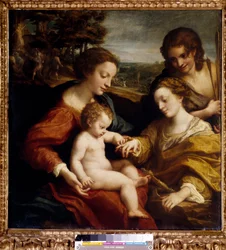 Mystická svatba svaté Kateřiny Alexandrijské s obrazem svatého Šebestiána od Antonia Allegriho (dit Correggio nebo Le Correge 1489-1534) Slunce 16. století. 1,05x1,02 m Paříž, Musee du Louvre.