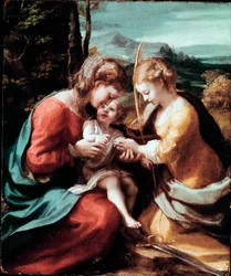 Mystické zasnoubení svaté Kateřiny Alexandrijské. Obraz Antonia Allegriho (známého jako Correggio nebo Il Correggio, 1489-1534). Přibližně 1520. 28,5 x 23,5 cm. Neapol, Museo di Capodimonte