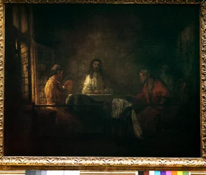 Emauzští poutníci Kristus se zjevuje poutníkům sedícím u stolu v emauzském hostinci. Obraz z dílny Harmensze van Rijn dit Rembrandta (1606-1669)