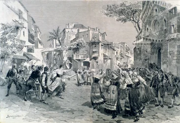 Závěrečná scéna Cavalleria rusticana, opera Mascagniho, v teatro alla scala v roce 1891