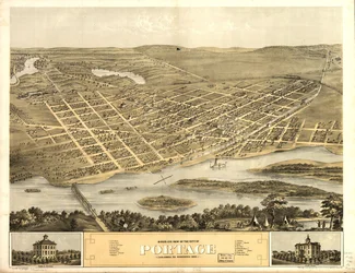 Pohled z ptačí perspektivy na město Portage, Columbia Co., Wisconsin 1868. LOC 73694548