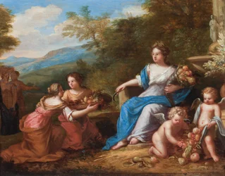 Ceres sedí s putti a podává ovoce. (olej na plátně)