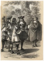 Setkání v Paříži mezi Jean Racine (1639-1699) a Pierre Corneille (1606-1684). Rytina A. Duruye v „“ Literárních ilustracích Francie; zlatá, Anekdotická galerie našich hlavních autorů zajímajících se o jejich činy a jejich nápisy““ od J.B.
