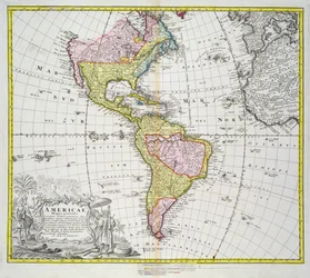 Mapa Ameriky, vydal Homann, 1746 (barevná rytina)