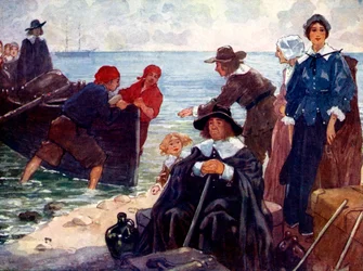 Skupina vyhnanců zakotvila svou bárku u divokého pobřeží Nové Anglie, 1620, 1905.
