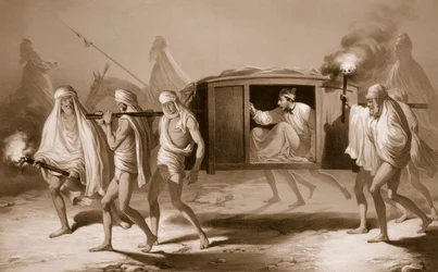 Post-chaise v indickém stylu v Paňdžábu mezi Loudianou a Amritsarem, 1859.