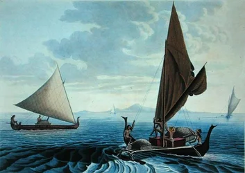Pohled na ostrov Tinian: Vydlabané kánoe z Caroline Islands, z „Voyage Autour du Monde sur les Corvettes de L