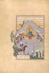 Gushtasp dokazuje svou lukostřelbu před Caesarem, Folio 404r z Shahnamy..., ca. 1525-30.