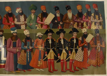 Přidat Or. 1241 Soud Fath Ali Shah s britskými vyslanci sirem Johnem Malcolmem, sirem Harfordem Jonesem Brydgesem a sirem Gorem Ouseleym. Částečný obrázek nástěnné malby paláce Nigaristan