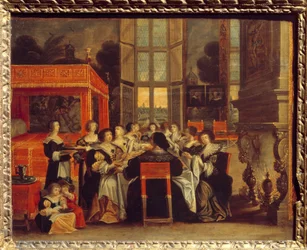 Rozhovor dam v nepřítomnosti jejich manžela: Obraz večeře od Abrahama Bosse (1602-1676) Egouen ze 17. století. Národní muzeum renesance