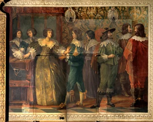 Scéna ze života Charlese de Valois (1573-1650), vévody z Angouleme - Party scéna u příležitosti sňatku Charlese de Valois s jeho druhou manželkou v roce 1644 - Žena, kterou oslovil kurtizán, ji zastihl límec - Freska od Abraha