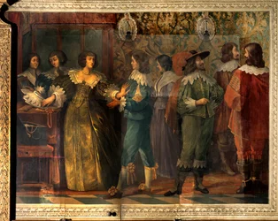 Scéna ze života Charlese de Valois (1573-1650), vévody z Angouleme - Party scéna u příležitosti sňatku Charlese de Valois s jeho druhou manželkou v roce 1644 - Žena, kterou oslovil kurtizán, ji zastihl límec - Freska od Abraha