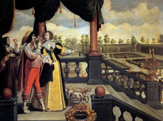 Pět smyslů: Čich Pár šlechticů před zahradou, muž voní kytici květin. Obraz Abrahama Bosse (1602-1674) 17. století. Prohlídky, Muzeum výtvarných umění