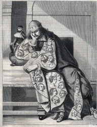 Muž plný zloby: muž s dvojitým pláštěm žen medituje s opicí po boku. Reprodukce tisku Abrahama Bosse (1604-1676).