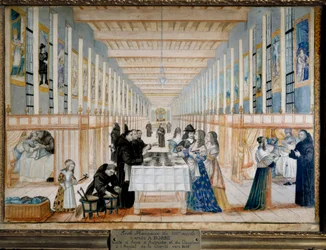 Pohled na ošetřovnu Charite (charitativní nemocnice také nazývaná Bros Hospital of Saint-Jean-de-Dieu), v Paříži, během návštěvy Anny Rakouské (1601-1666), infantky Španělska, královny Francie a Navarry budoucí král delfín Ludvík XIV