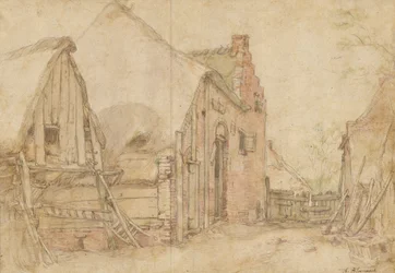 Pohled na dvůr statku (recto); Studie stromu (verso)