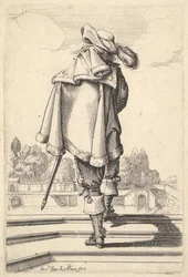 Džentlmen, viděný zezadu, kráčí po parapetu, s pláštěm přes levé rameno..., 1629.