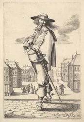 Pán, otočený o tři čtvrtiny doleva, v klobouku a botách s ostruhami, nošení..., 1629.