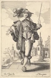Vpřed kráčí gentleman s nataženou pravou paží a bičem v levé ruce..., 1629.
