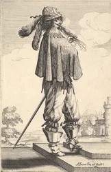 Pán v krátkém kabátě, přilbě a botách s ostruhami, stojící na schodech a..., 1629.