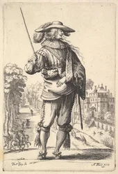 Pán s hlavou otočenou z profilu doprava, v opeřeném klobouku a ..., 1629.