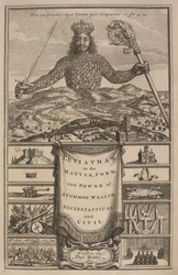 Titulní strana knihy „Leviathan, aneb hmota, forma a moc společenství církevního a civilního bohatství“ od Thomase Hobbese