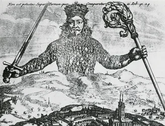 Titulní strana díla „Leviatan neboli hmota, forma a moc církevního a občanského společenství“ Thomase Hobbese