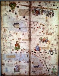 Kartografie: mapa Cathaye (Catai), starověkého názvu mongolské Číny ve střední Asii a Evropě. Jsou zde: Dillí (Indie), Aralské jezero, Volha, Kaspické moře, Kavkaz, Eufrat, Arabský poloostrov a města Dehli (Indie) (s t)