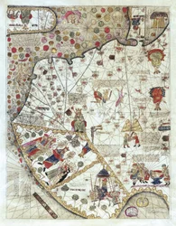Mapa Číny (Cathay), s popisy malých scén, vymezení království se svým panovníkem zastoupeným pokaždé