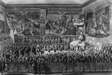 První z francouzské revoluce: Bed of Justice držel ve Versailles dne 6. srpna 1787 francouzský král Ludvík XVI. (1754-1793). Kresba a rytina Abraham Girardet. Paříž, knihovna Ústavu dějin revoluce