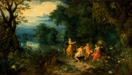 Krajina se dřevem, Diana nabízí zajíce nymfě, Silenus a Ceres v popředí, c1614