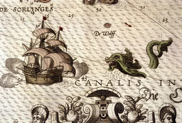 Mořské monstrum útočící na galeonu (karavelu). Detail mapy v "Theatrum Orbis Terrarum" od Abrahama Ortelia, Antverpy 1584