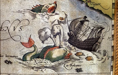 Velryba útočí na loď. Deska z edice "Theatrum Orbis Terrarum" od kartografa Abrahama Orteliuse (1527-1598)
