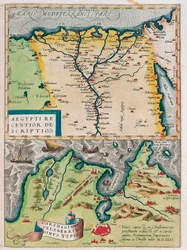 Novější popis Egypta. - Typ Kartágského zálivu Geografická mapa Egypta s městy Nilu a Kartága (Tunisko) z „Theatrum Orbis Terrarum“ od Abrahama Orteliuse (Oertel, Ortell nebo Ortel