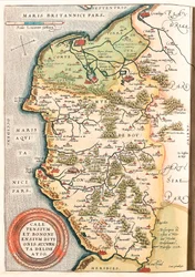 Caletensium et Bononiensium Ditionis Accurata Delineatio Zeměpisná mapa území Boulonnais (Comte de Boulogne), Artois a Francouzské Flandry (Francie) včetně míst Calais, Arches, Greuelinge, Etaples a Montreuil... převzato z „Theatrum Or