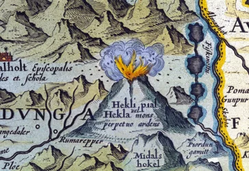 Sopka Hekla na Islandu. Atlas Abrahama Ortelia, Amsterdam 1588.