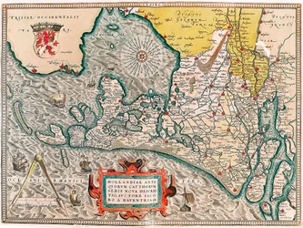 Hollandia antiquorum catthorum sedis nova descriptio, auctore Jacobo a daventria Zeměpisná mapa území Nizozemska s městy Amsterdam a Haarlem... převzato z „Theatrum Orbis Terrarum“ od Abrahama Orteliuse (Oertel, Ortell nebo Orte