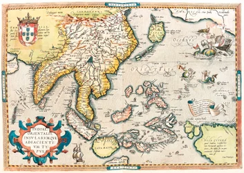 Východoindická společnost. Geografická mapa východní Indie a území jihovýchodní Asie z „Theatrum Orbis Terrarum“ od Abrahama Orteliuse (Oertel, Ortell nebo Ortel