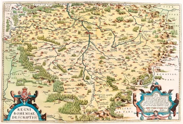 Popis Království českého Zeměpisná mapa území Bohémy z "Theatrum Orbis Terrarum" od Abrahama Orteliuse (Oertel, Ortell nebo Ortel