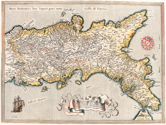 Nejpřesnější popis vlády Neapolců, podle tradice starověku a moderny, Pyrrhus Ligorius auct. Zeměpisná mapa území Neapolského království v Itálii z „Theatrum Orbis Terrarum“ od Abrahama Orteliuse (Oertel, Ortell nebo Ortel