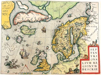 Popis. Geografická mapa Skandinávie a severní Evropy z „Theatrum Orbis Terrarum“ od Abrahama Orteliuse (Oertel, Ortell nebo Ortel