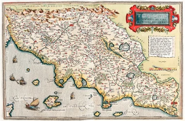 Theseciae Popis autora Hieronymo Bellamarto Zeměpisná mapa území Toskánska v Itálii z "Theatrum Orbis Terrarum" od Abrahama Orteliuse (Oertel, Ortell nebo Ortel