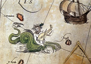 Triton hrající na loutnu poblíž ostrova Saint Brendan (Brendan). "Theatrum Orbis Terrarum" od Abrahama Ortelia, Antverpy 1584