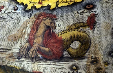 reprezentace mořské příšery můj kůň můj mořský had. Deska z edice "Theatrum Orbis Terrarum" od kartografa Abrahama Orteliuse (1527-1598)