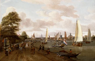 Panoramatický pohled na Amsterdam s člunem a malými loděmi na Buiten-Amstel,