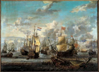 Druhá Anglo-Neerland válka: „“ Bitva čtyř dnů od 11. do 14. června 1666““ Postavila se proti nizozemským flotilám vůči Angličanům. Obraz Abrahama Storcka (1635-1710) (ek.hol.) Paříž 17. století, Musee de la Marine