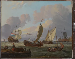 Lodě proplouvající kolem větrného mlýna, asi 1690 (olej na plátně)