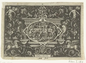 Cartouche: Phineus naruší svatbu Persea a Andromedy PERSEUS (název na objektu) Oválné kartuše s výjevy ze života Persea v rámci grotesek (název série)